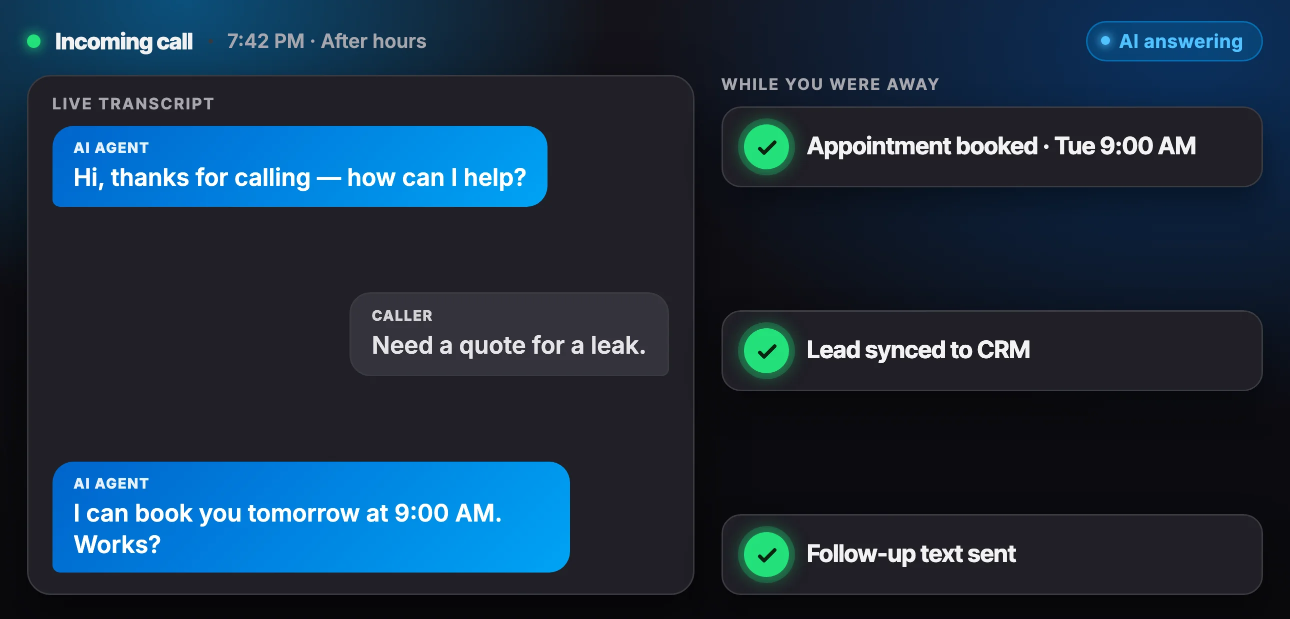 Illustration of an AI voice agent answering an after-hours call