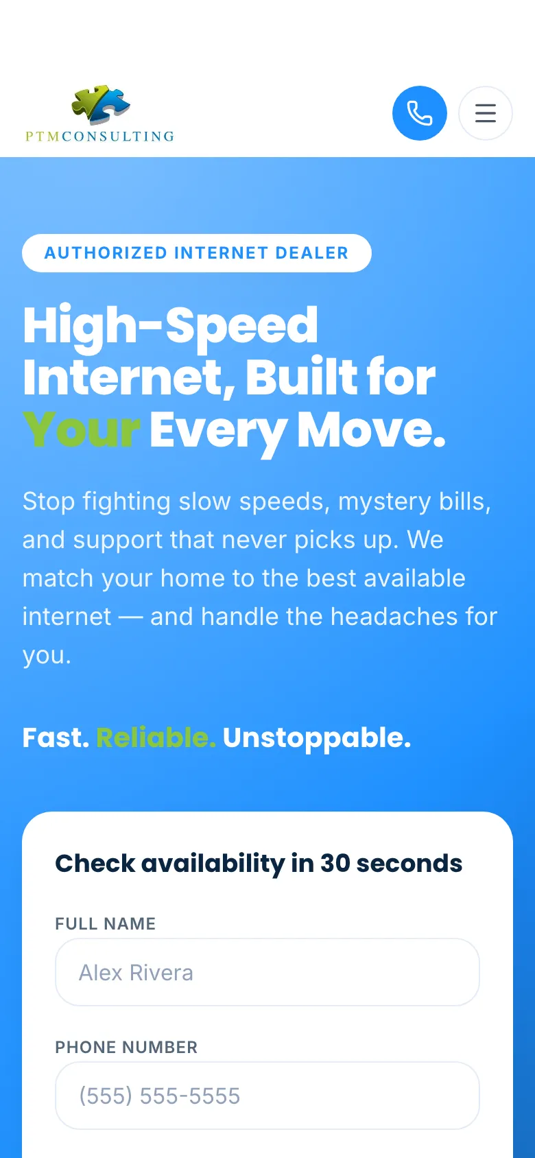 PTM Fiber website on a phone