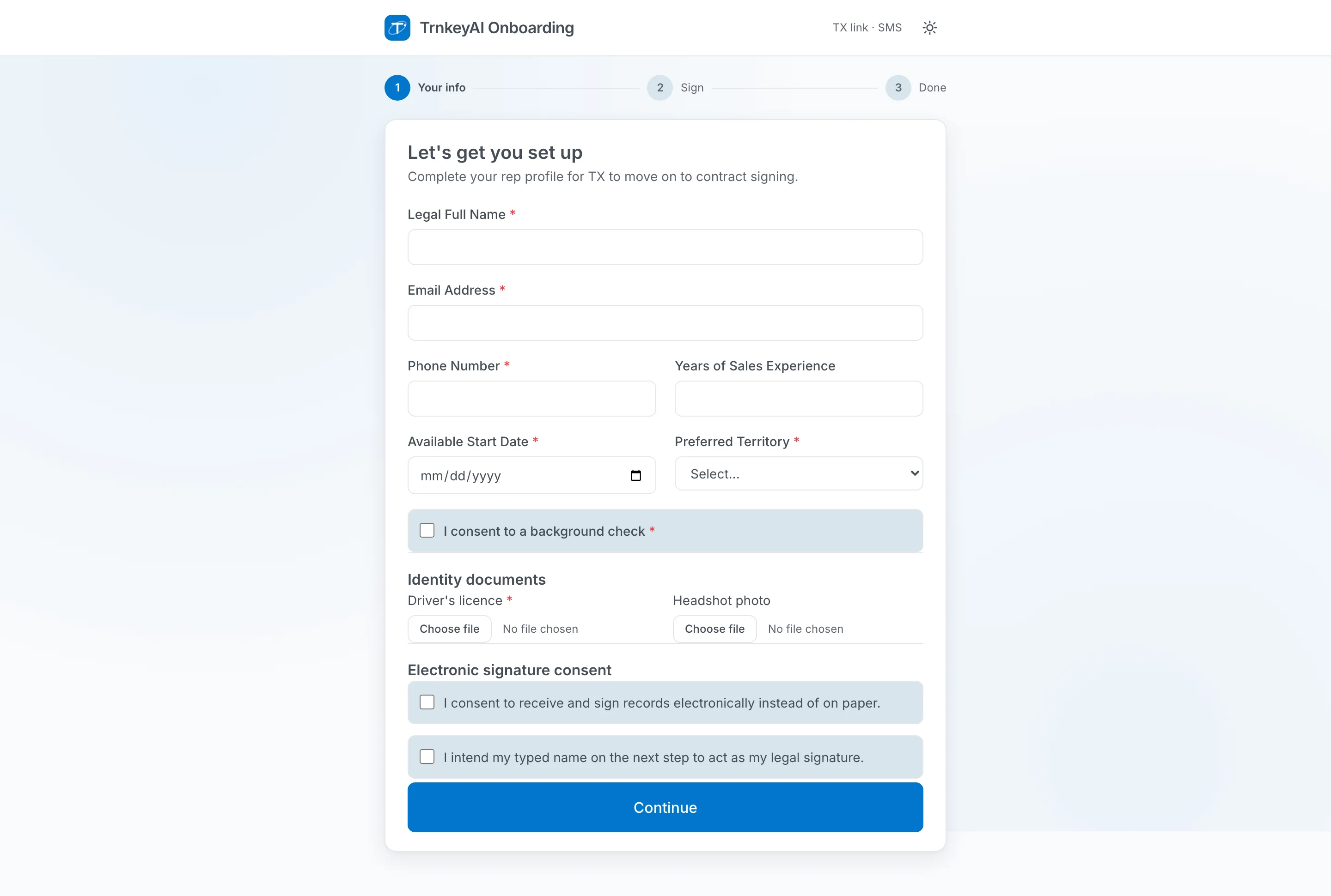 Onboarding portal concept with a step-by-step rep setup form
