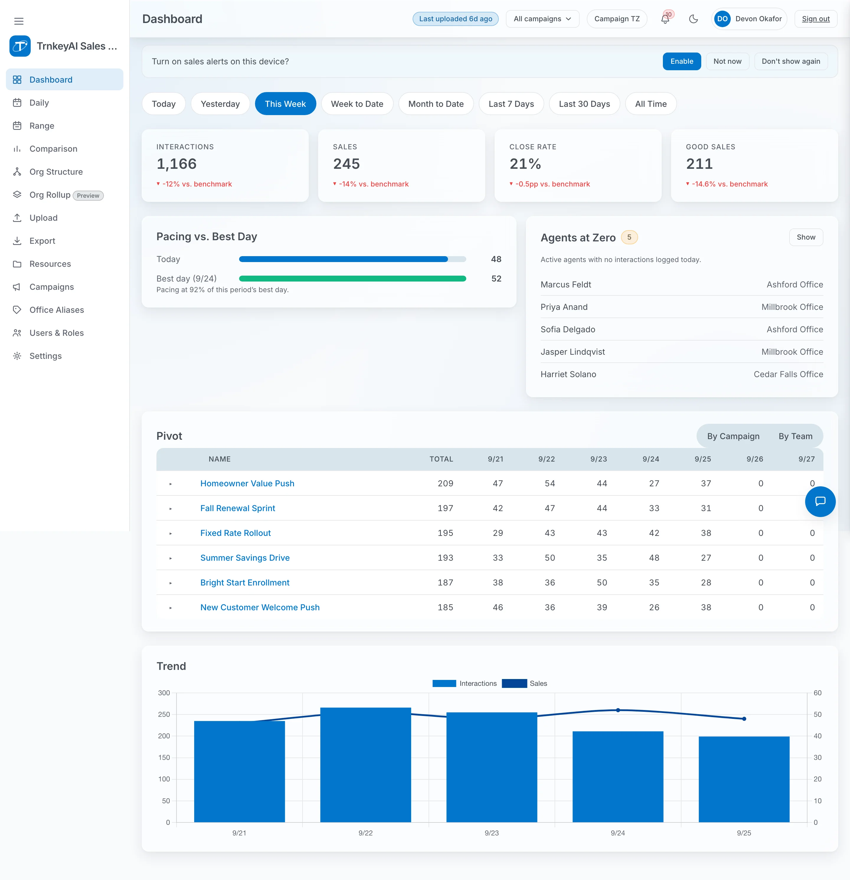 Sales portal concept with pacing, agent activity, and campaign pivot table